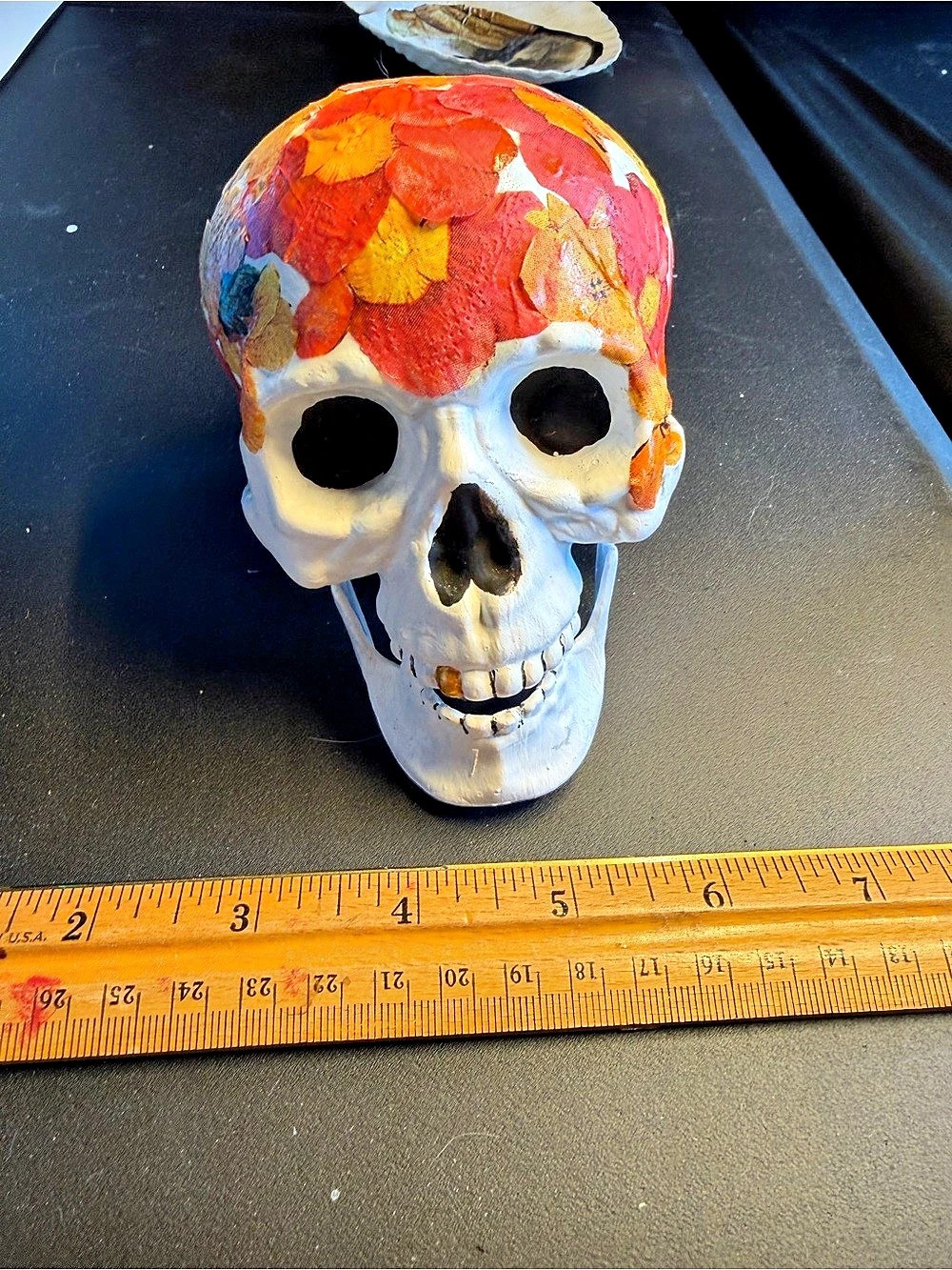 Floral Skull Sculpture in Orange & Red